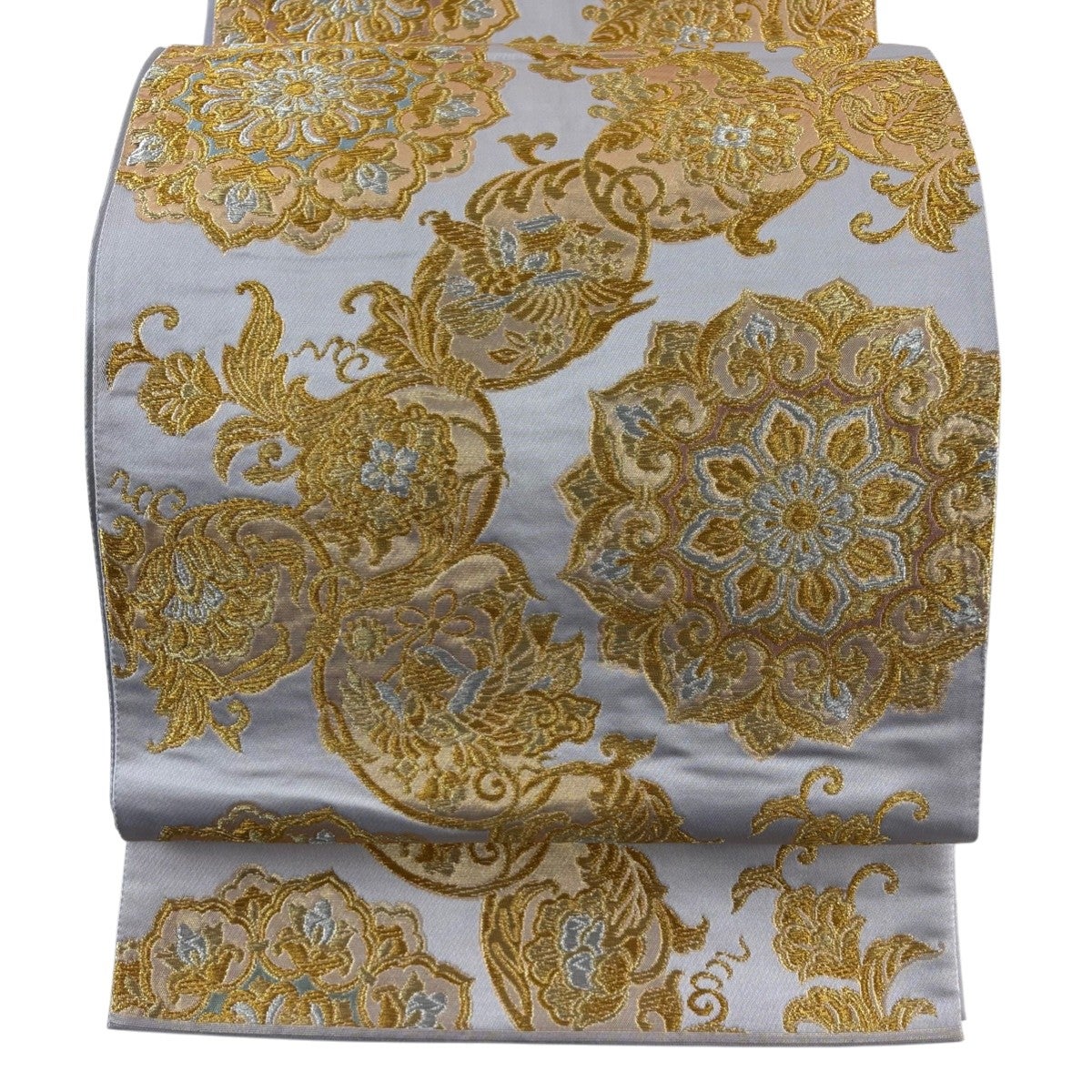 袋帯 名品 じゅらく 落款あり 帝王紫 花唐草 春秋祥華文 金糸 箔 金色