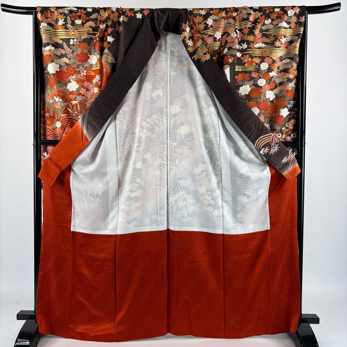振袖 身丈167cm 裄丈64.5cm M 袷 牡丹 波 金糸 金彩 朱色 正絹 秀品