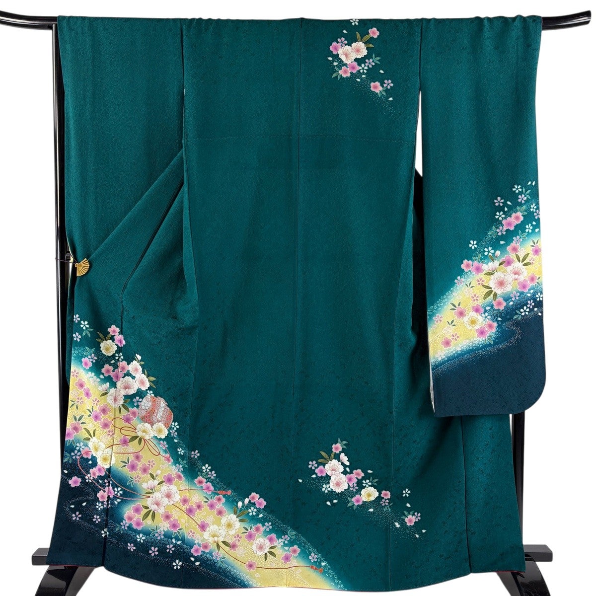 振袖 身丈164.5cm 裄丈68cm L 袷 小槌 桜 金彩 ぼかし 緑 正絹 秀品