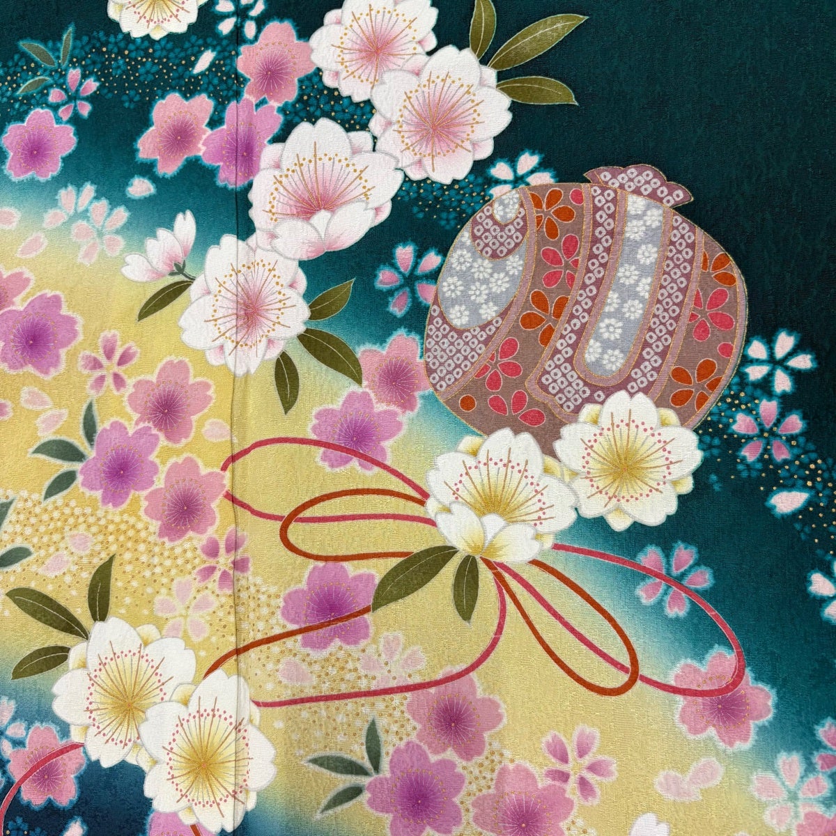 振袖 身丈164.5cm 裄丈68cm L 袷 小槌 桜 金彩 ぼかし 緑 正絹 秀品