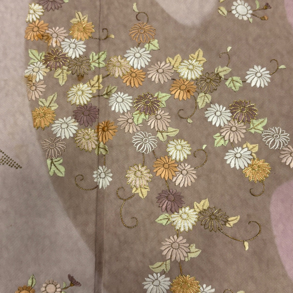 訪問着 身丈161cm 裄丈65cm M 袷 菊 草花 金糸 刺繍 灰紫 正絹 秀品