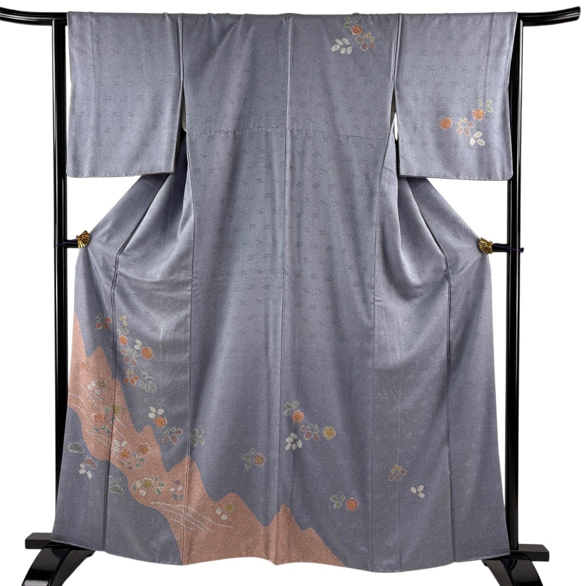 訪問着 身丈161.5cm 裄丈64cm M 袷 草花 波 金彩 絞り 青紫 正絹 秀品