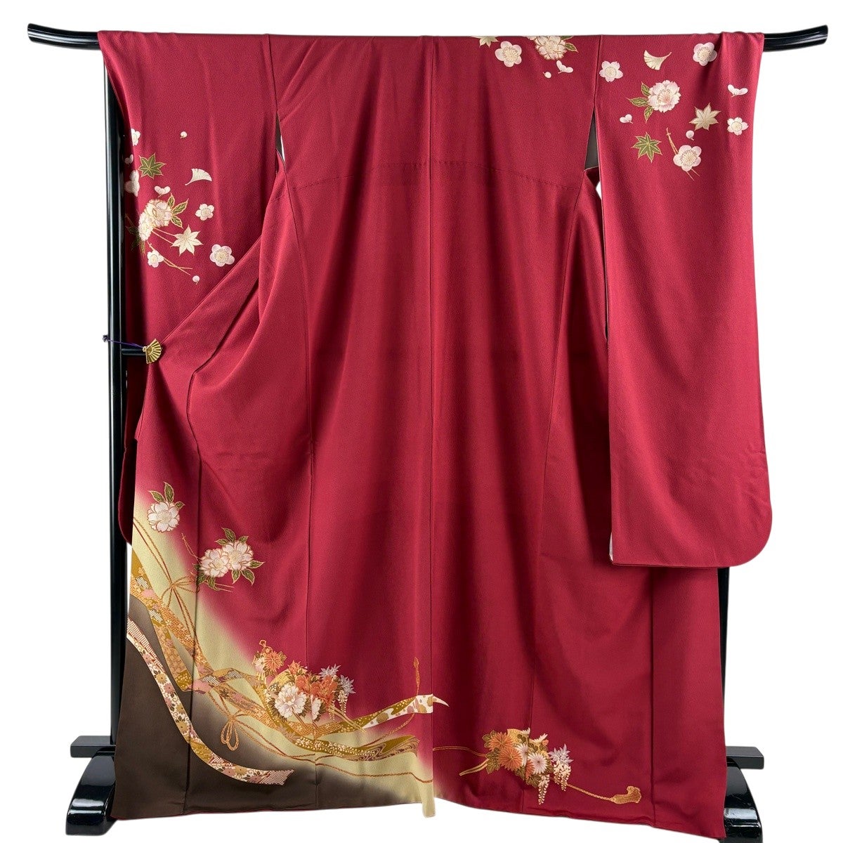 振袖 身丈171.5cm 裄丈70cm L 袷 草花 熨斗 金彩 染め分け えんじ色