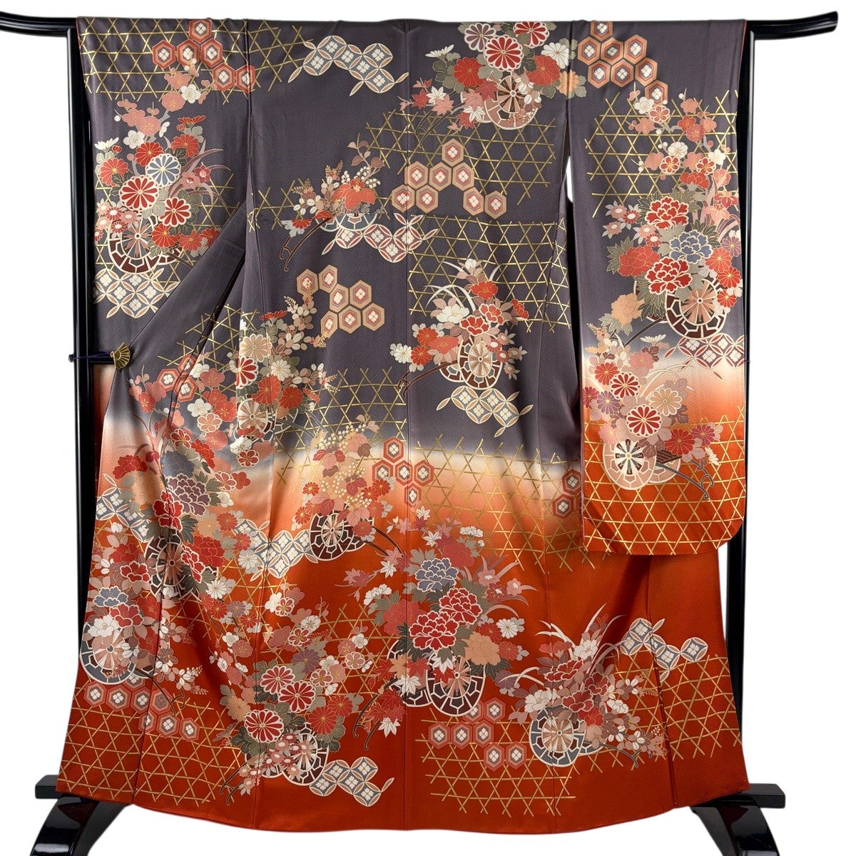 振袖 身丈158.5cm 裄丈65cm M 袷 几帳 草花 刺繍 金糸 山吹色 正絹 秀