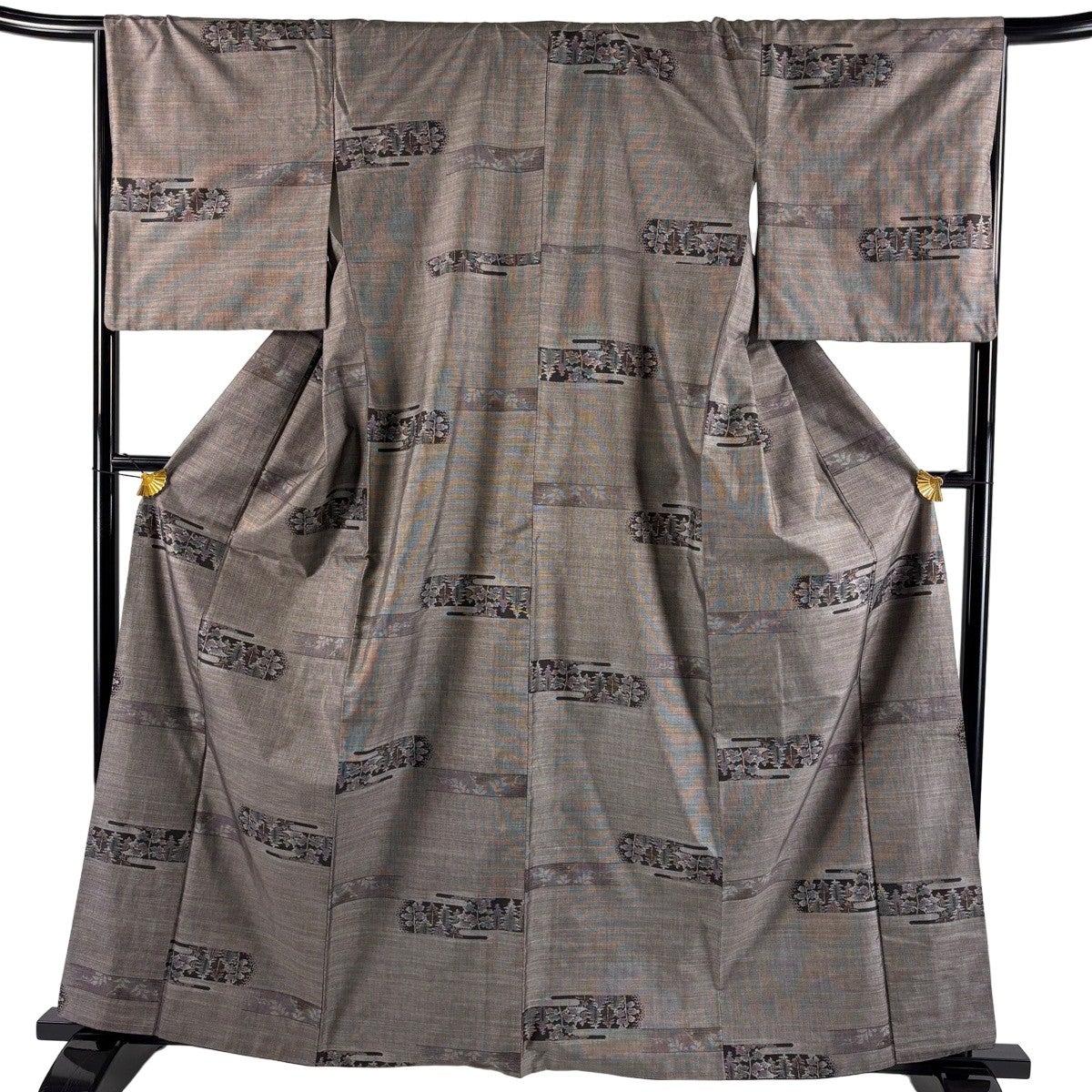 美品】 紬 身丈164.5cm 裄丈66cm M 袷 麻の葉 段縞 焦茶色 正絹 秀品