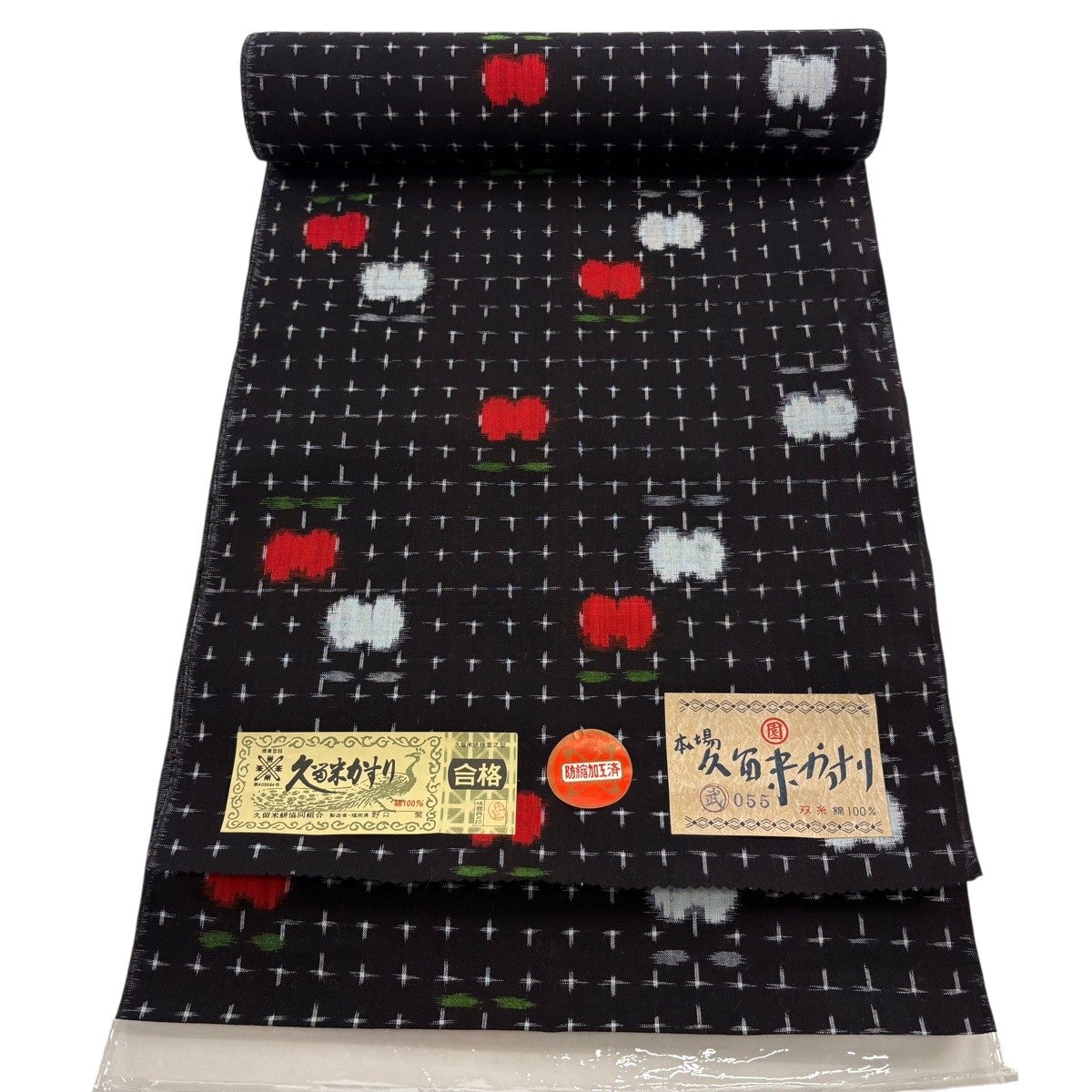 [新品] 本場久留米かすり 花絵絣 反物 花紋様 証紙付 綿100％ 反物 名品 紬 久留米かすり 証紙 花 十字絣 黒 綿｜中古・古着