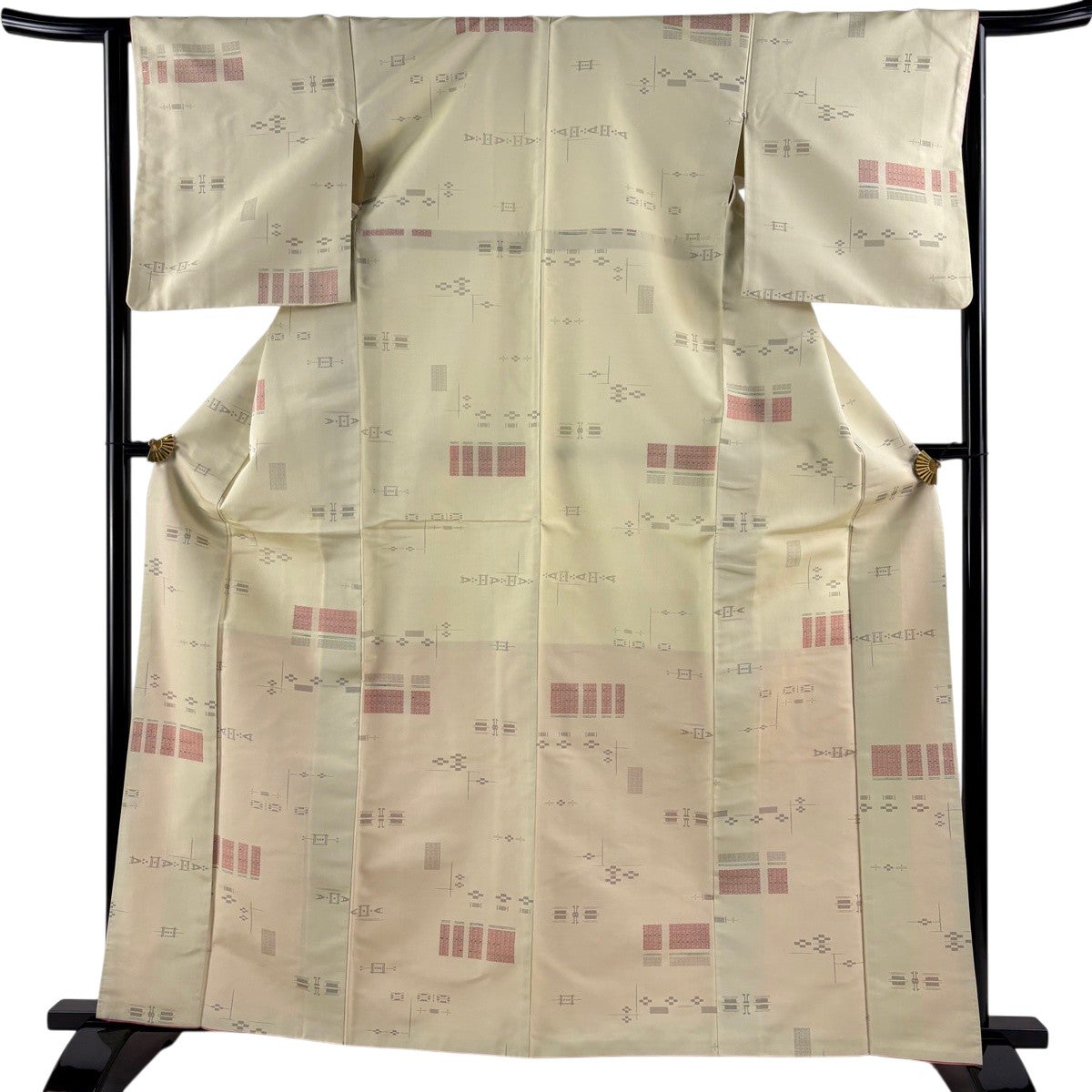 紬 身丈163.5cm 裄丈64cm M 袷 幾何学模様 薄黄 正絹 優品｜中古・古着