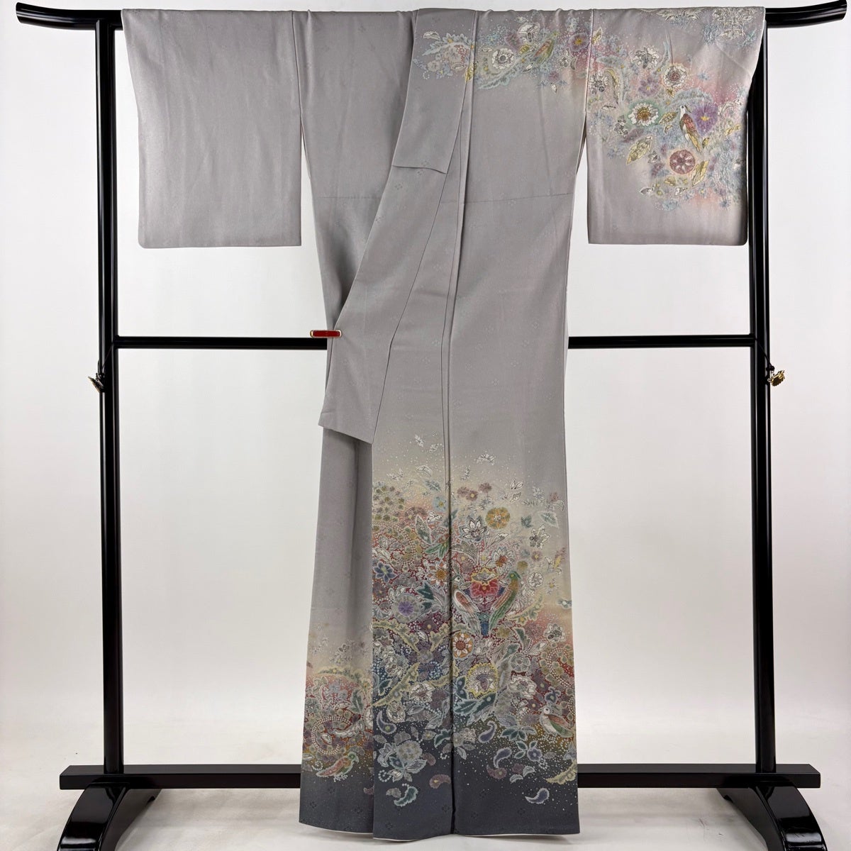 訪問着 身丈163cm 裄丈66cm M 袷 吉乃一廉 落款あり 向かい鳥 草花 銀