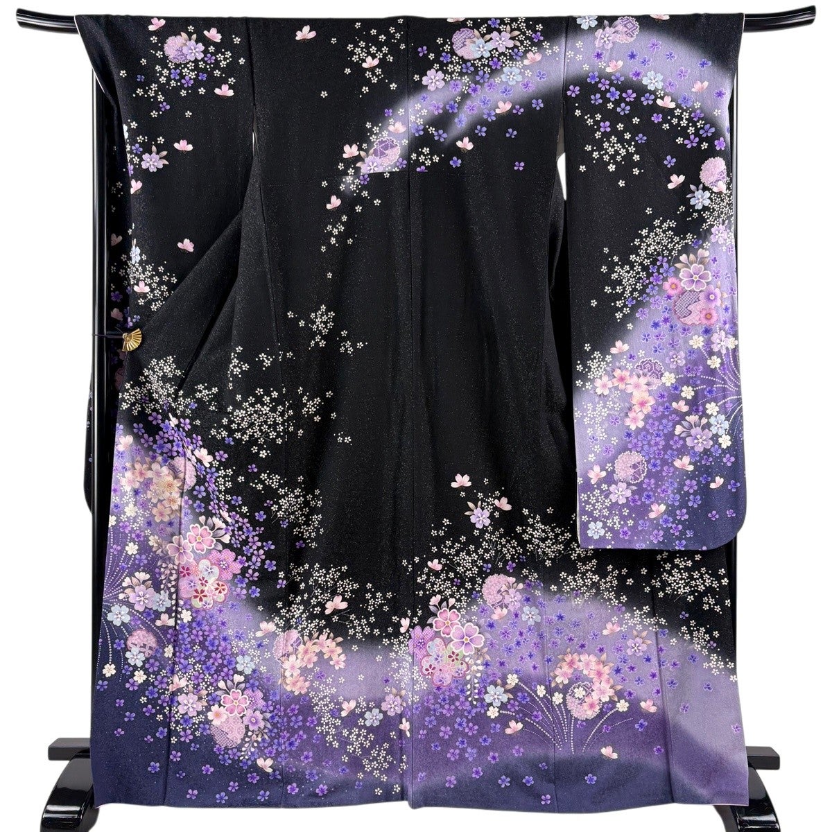 美品】 振袖 身丈168.5cm 裄丈69cm L 袷 桜 雪輪 銀通し 金糸 黒 正絹