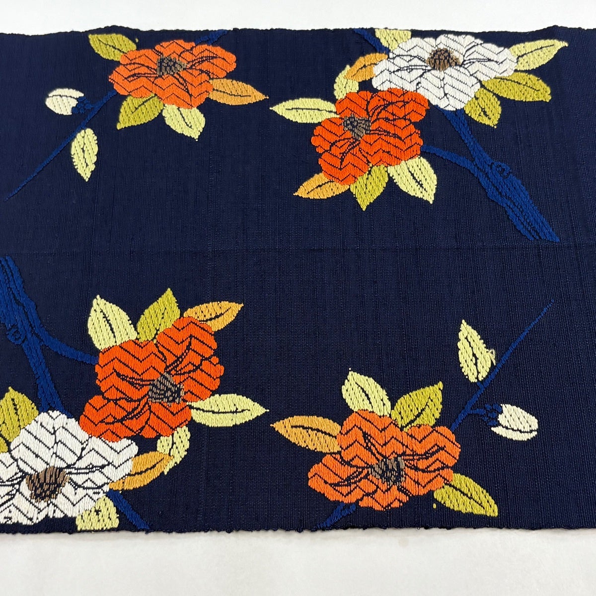 名古屋帯 優品 八寸名古屋帯 松葉仕立て 椿 紺色 正絹｜中古・古着