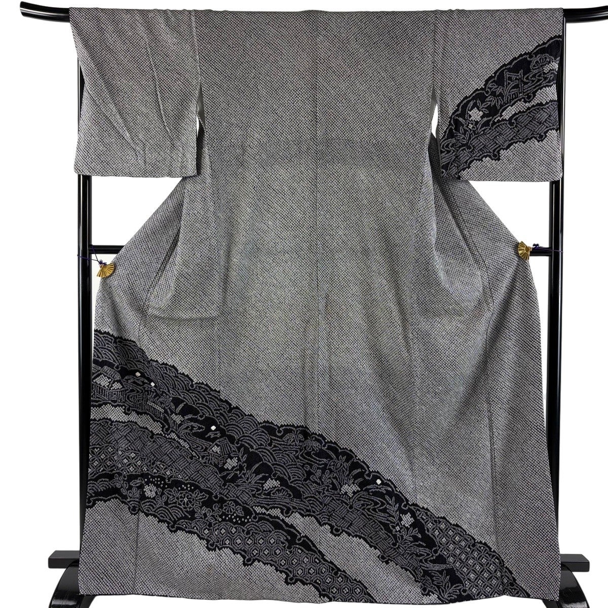 美品】 訪問着 身丈168cm 裄丈67.5cm L 袷 雪輪 家屋 絞り 黒 正絹
