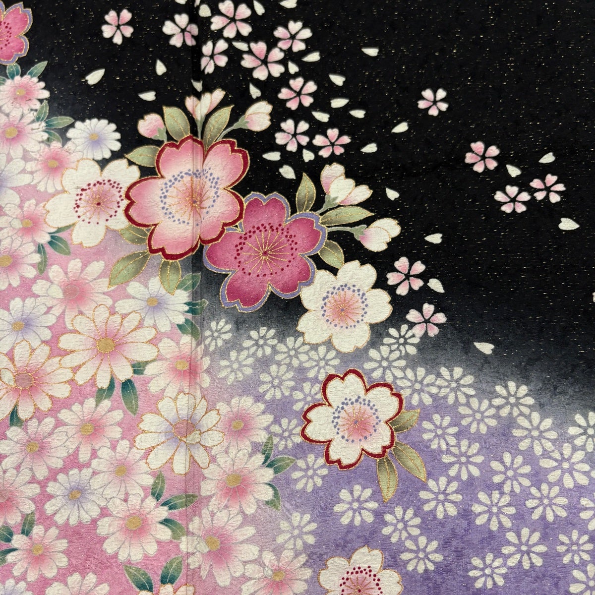 超美品　正絹　中振袖　小紋　黒　白　桜柄　着丈164.5裄66 トールサイズ 美品】 振袖 身丈164cm 裄丈66.5cm M 袷 桜 草花 金通し 金彩 黒 正絹