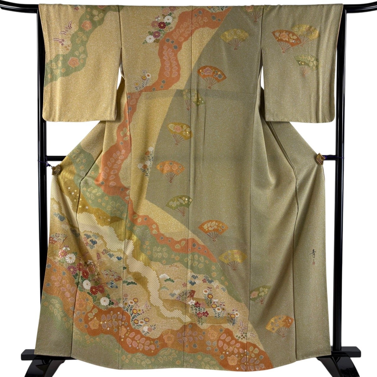 訪問着 身丈163cm 裄丈67.5cm L 袷 百貫華峰 落款あり 鶴 松 灰緑 正絹