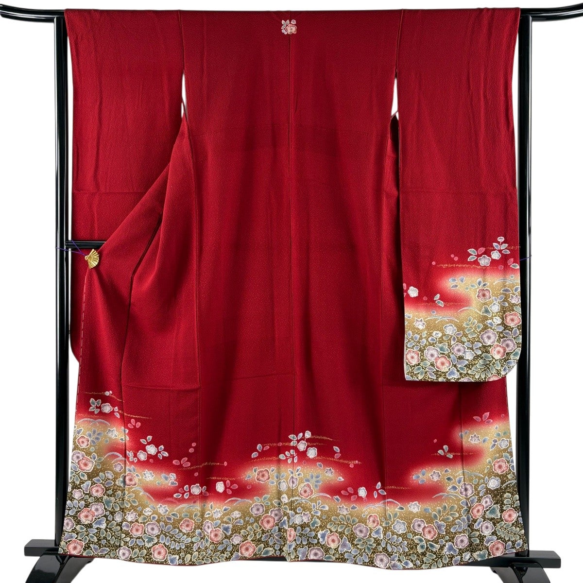 振袖 身丈159cm 裄丈64cm M 袷 辻が花柄 霞 金彩 ぼかし 赤 正絹 名品