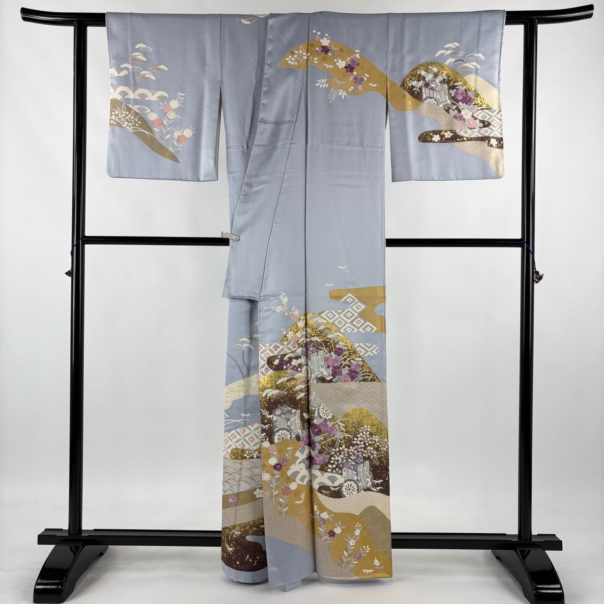 訪問着 身丈162cm 裄丈64.5cm M 袷 帝王紫 落款あり 御所車 松竹梅