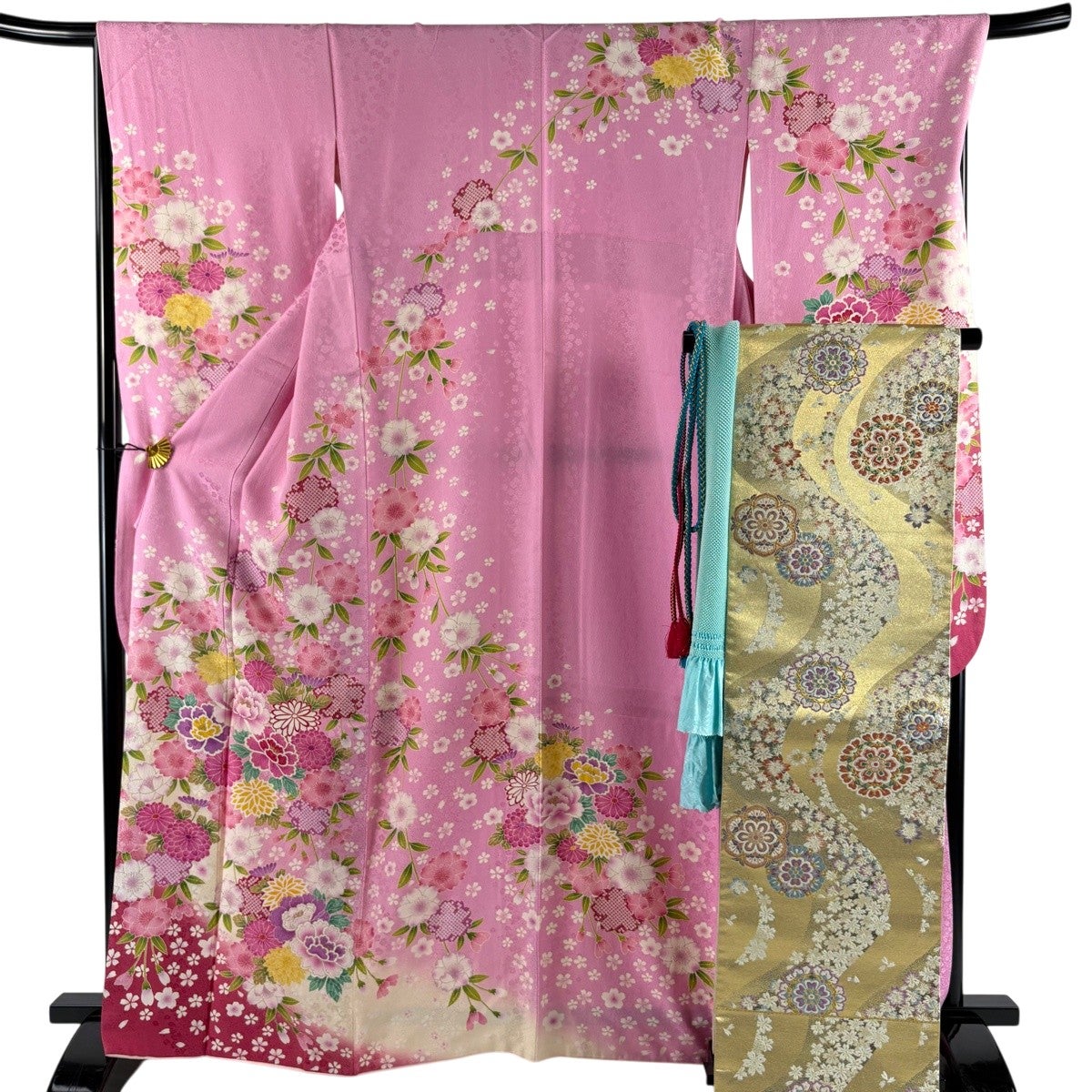 振袖 身丈159.5cm 裄丈68cm L 袷 鈴乃屋 桜 花びら 金彩 ぼかし 茶紫