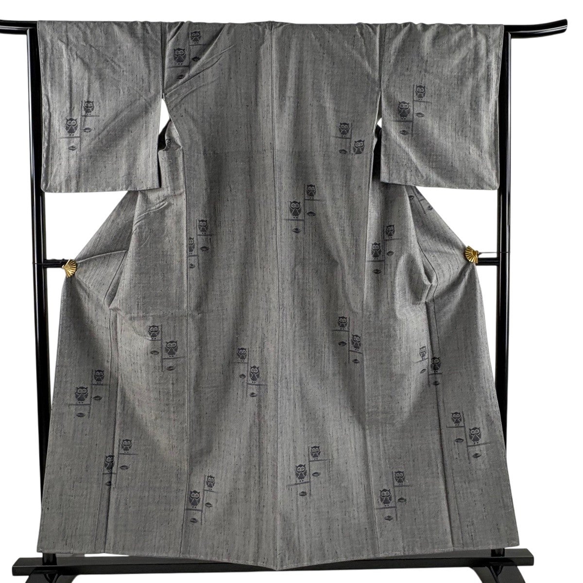 美品】 紬 身丈155cm 裄丈65.5cm M 袷 フクロウ みみずく 葉柄 灰色