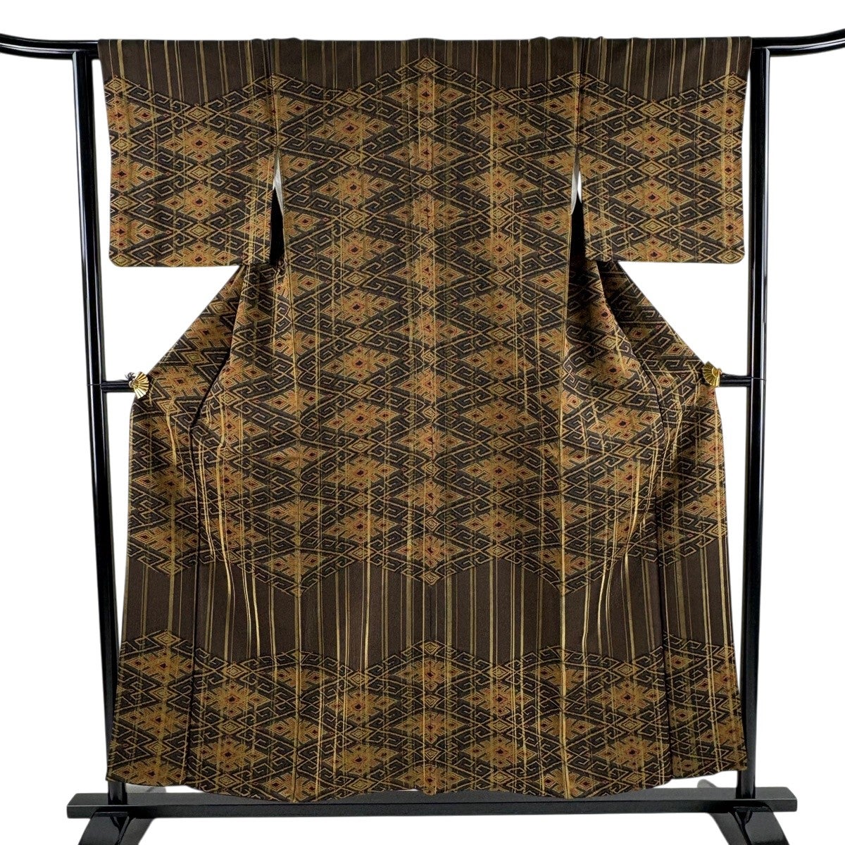 美品】 訪問着 身丈154cm 裄丈62.5cm S 袷 菱 縞 金糸 焦茶色 正絹