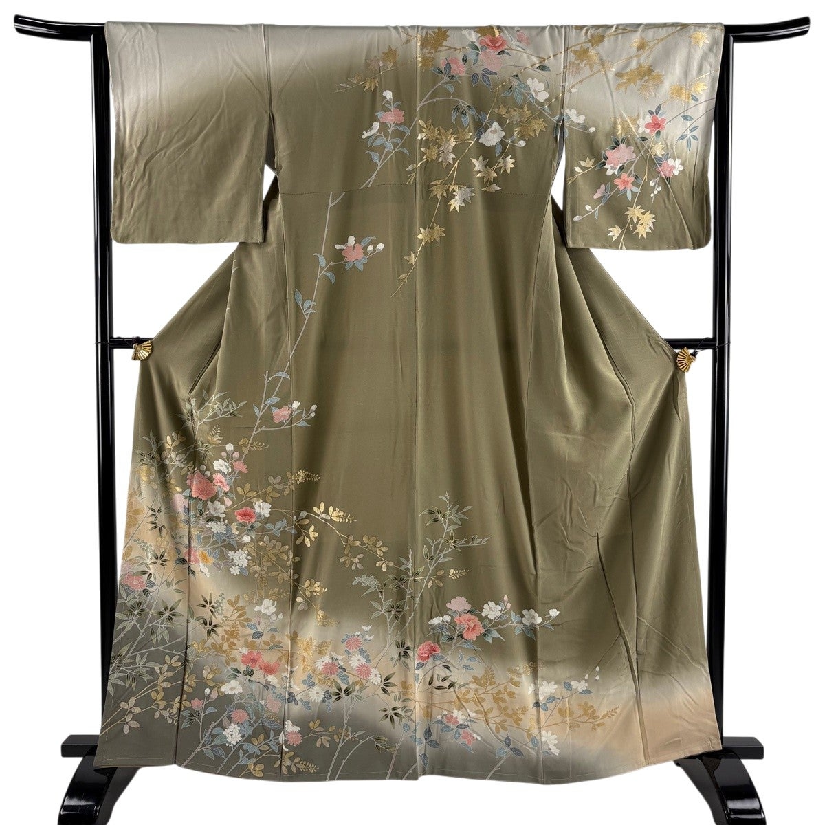 訪問着 身丈164.5cm 裄丈63cm S 袷 草花 萩 金銀彩 茶緑色 正絹 名品