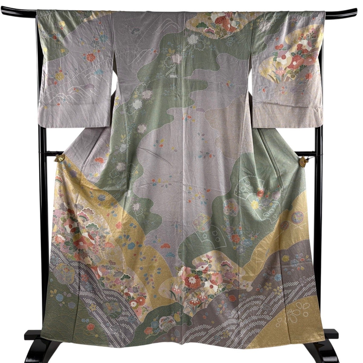 訪問着 身丈160.5cm 裄丈65.5cm M 袷 落款あり 草花 波 金彩 染め分け