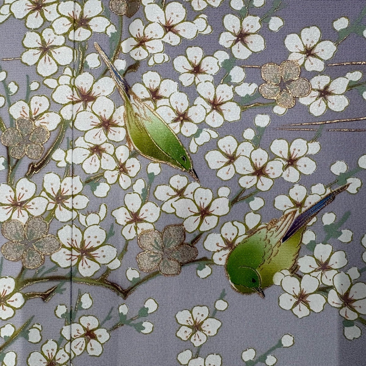 付下げ 身丈162cm 裄丈65cm M 袷 落款あり 鳥 枝桜 金彩 ぼかし 薄紫