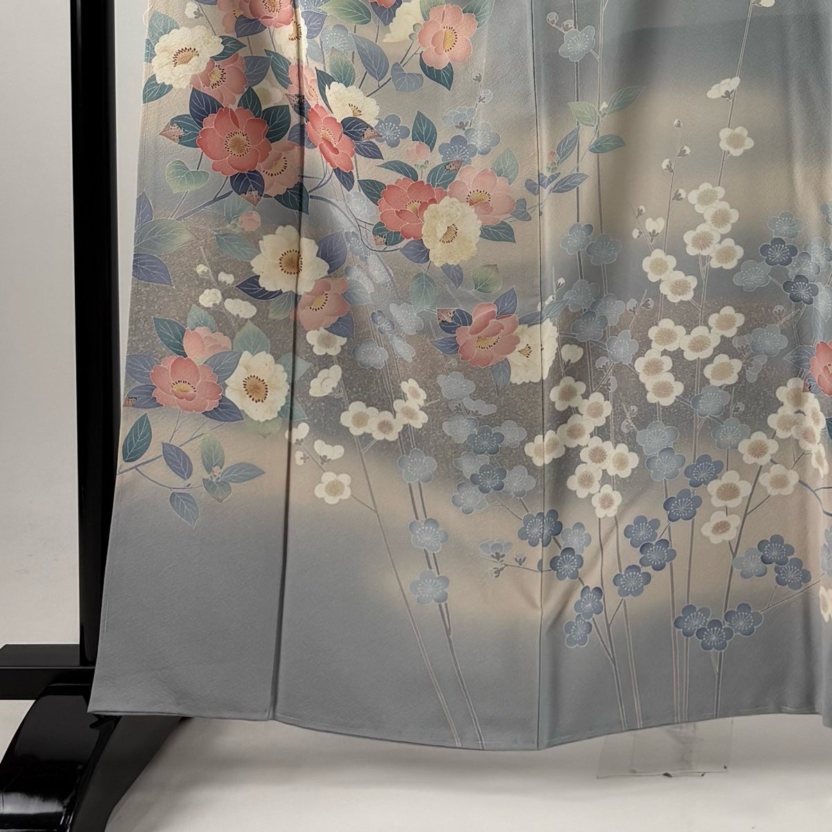 訪問着 身丈162cm 裄丈65cm M 袷 落款あり 枝花 枝梅 ぼかし 青灰色