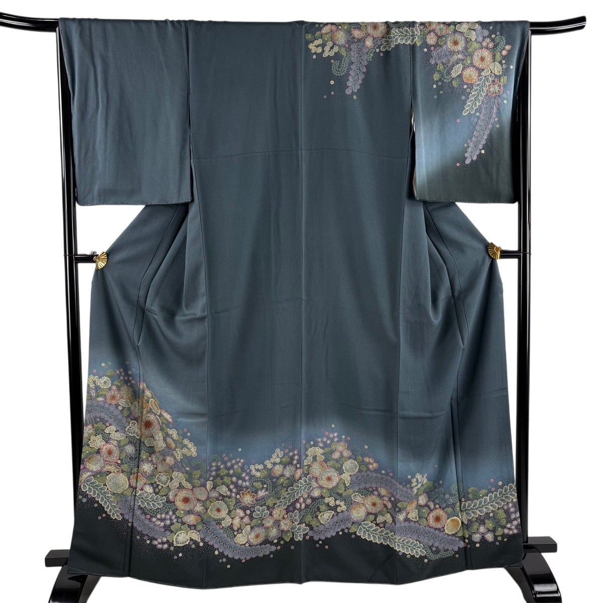 美品】 訪問着 身丈165cm 裄丈67.5cm L 袷 辻が花柄 ぼかし 灰緑 正絹