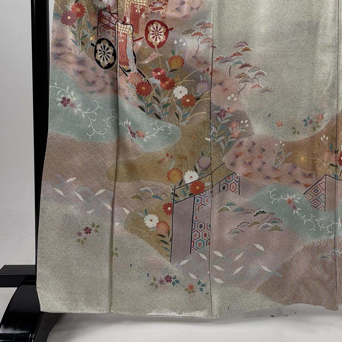 訪問着 身丈166cm 裄丈67.5cm L 袷 落款あり 御所車 草花 刺繍 金彩 薄