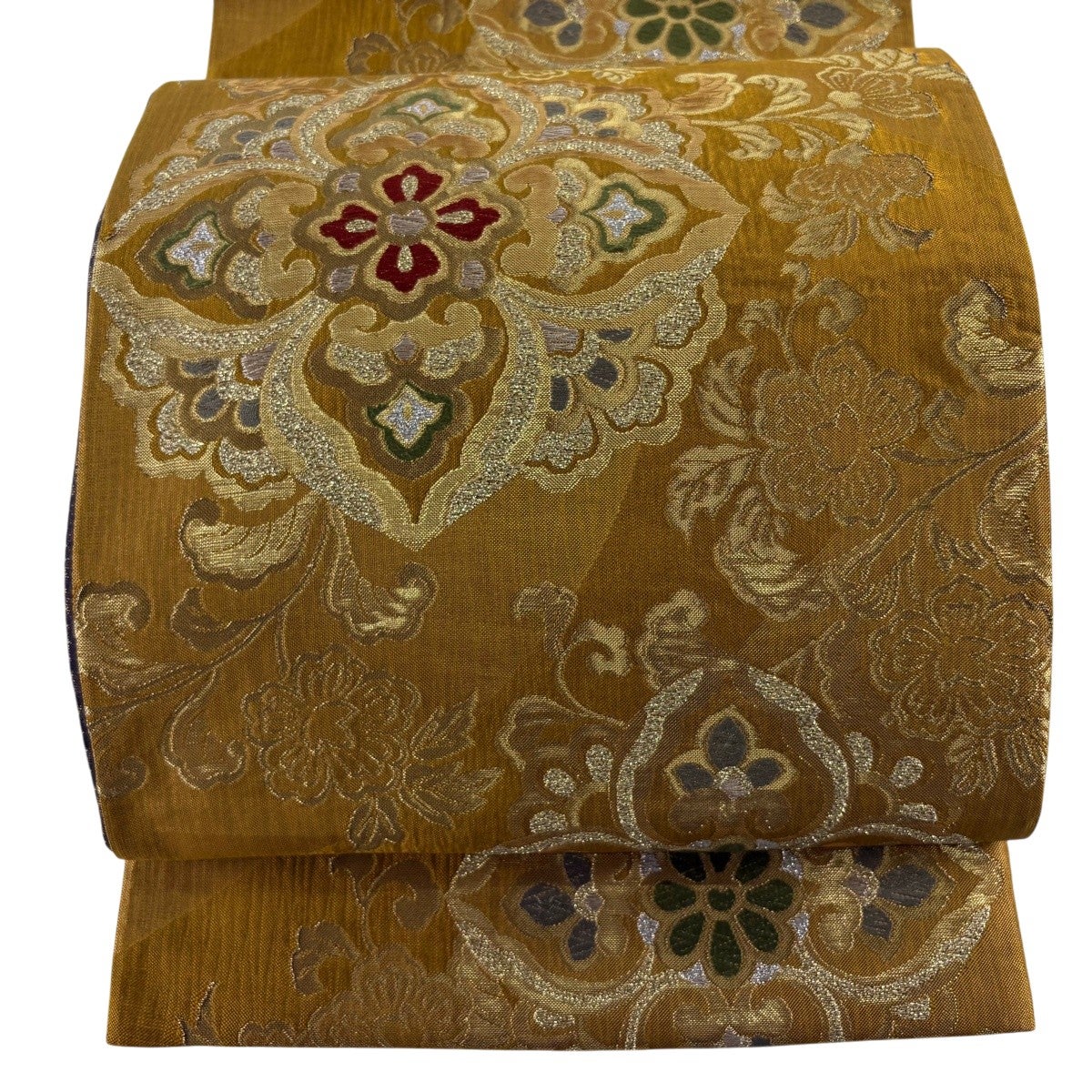 袋帯 美品 逸品 華文 草花 相良刺繍 汕頭刺繍 金色 六通 正絹 美品】 袋帯 逸品 華文 草花 相良刺繍 金糸 山吹茶色 六通 正絹｜中古