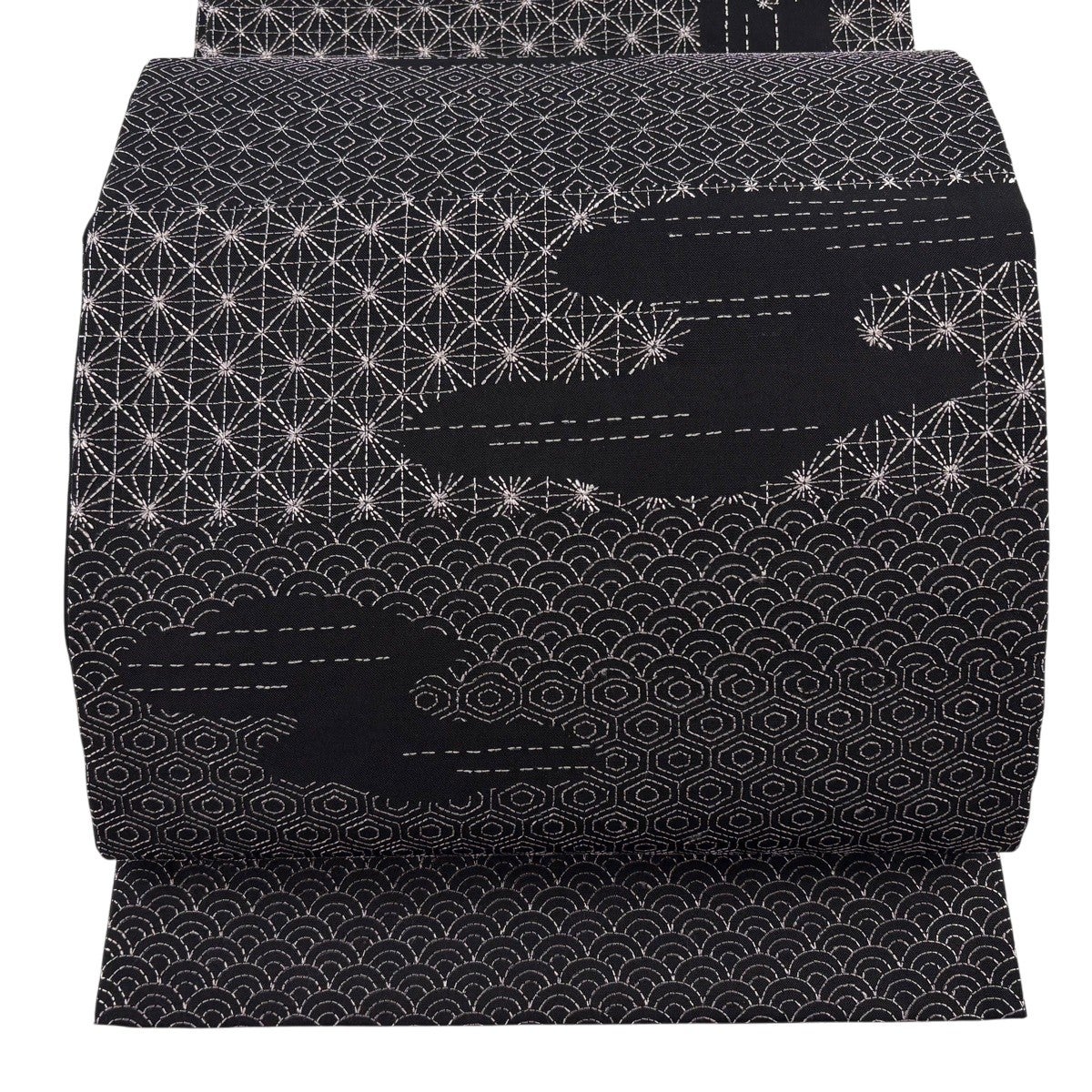 開き名古屋帯 名品 紗綾形 刺し子刺繍 紺色 正絹｜中古・古着
