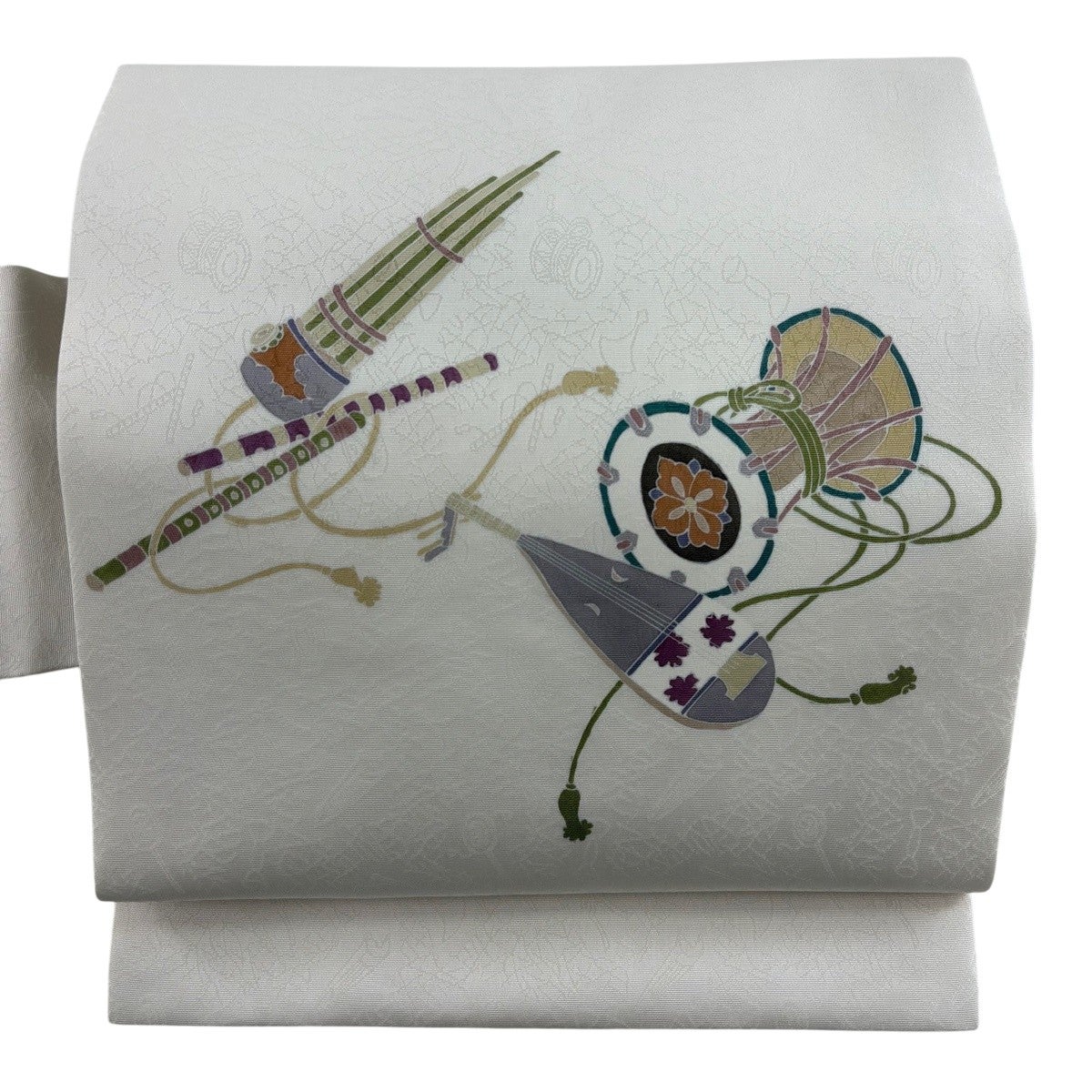 美品】 名古屋帯 名品 千地泰弘 落款あり 和楽器 灰白 正絹｜中古