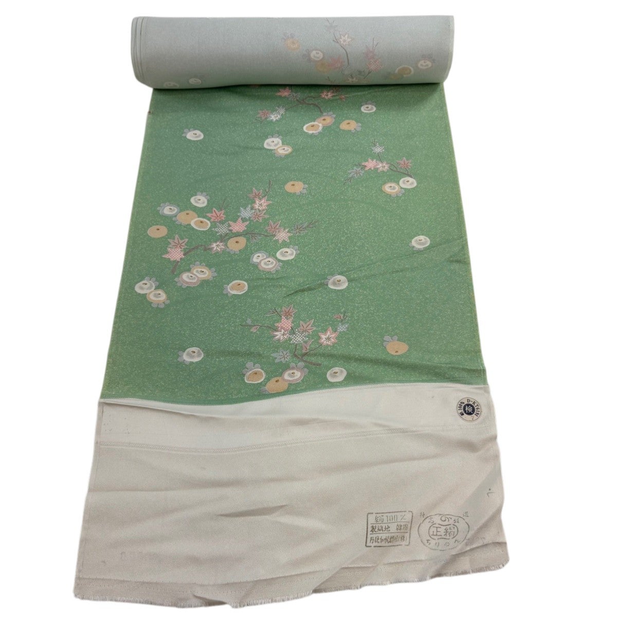 反物 秀品 小紋 万寿菊 楓 金彩 薄緑 正絹｜中古・古着