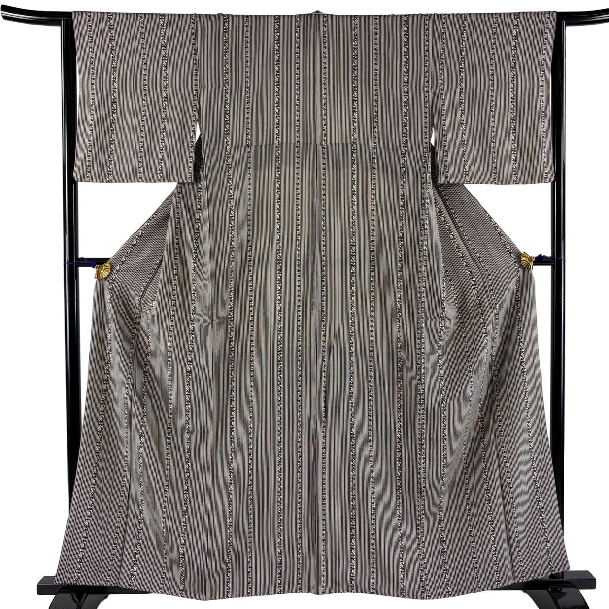 小紋 身丈158.5cm 裄丈65cm M 袷 縦縞 花唐草 灰白 正絹 秀品｜中古