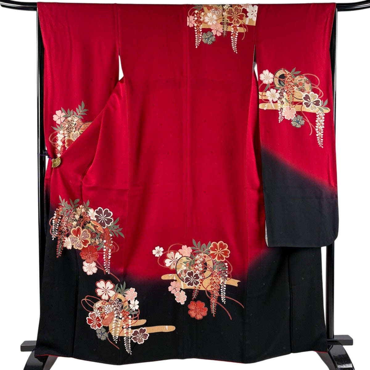 振袖 身丈159.5cm 裄丈67cm M 袷 鶴 桜 金糸 金彩 赤 正絹 名品｜中古