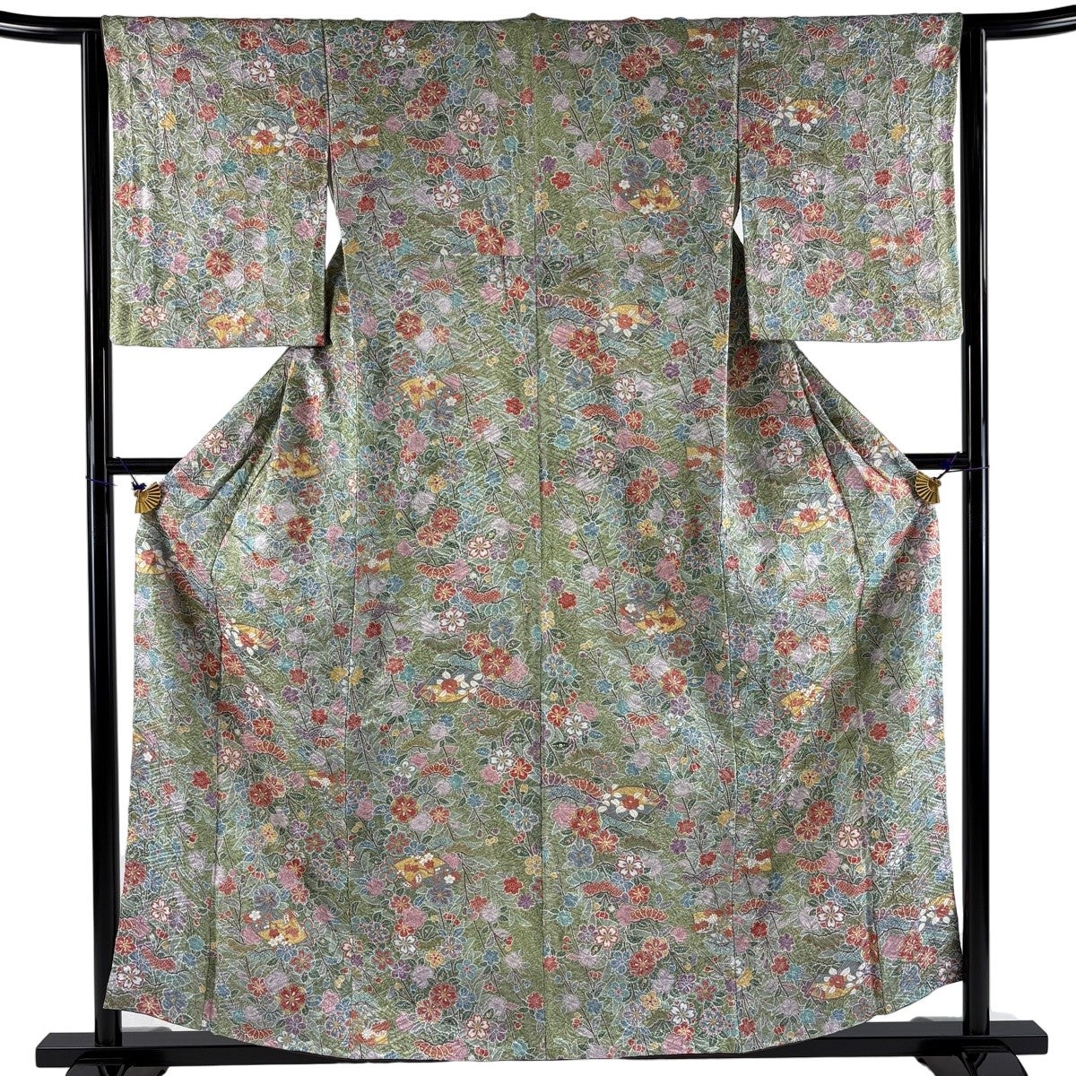 美品】 小紋 身丈159cm 裄丈63.5cm S 袷 枝垂れ桜 松 金彩 よもぎ色