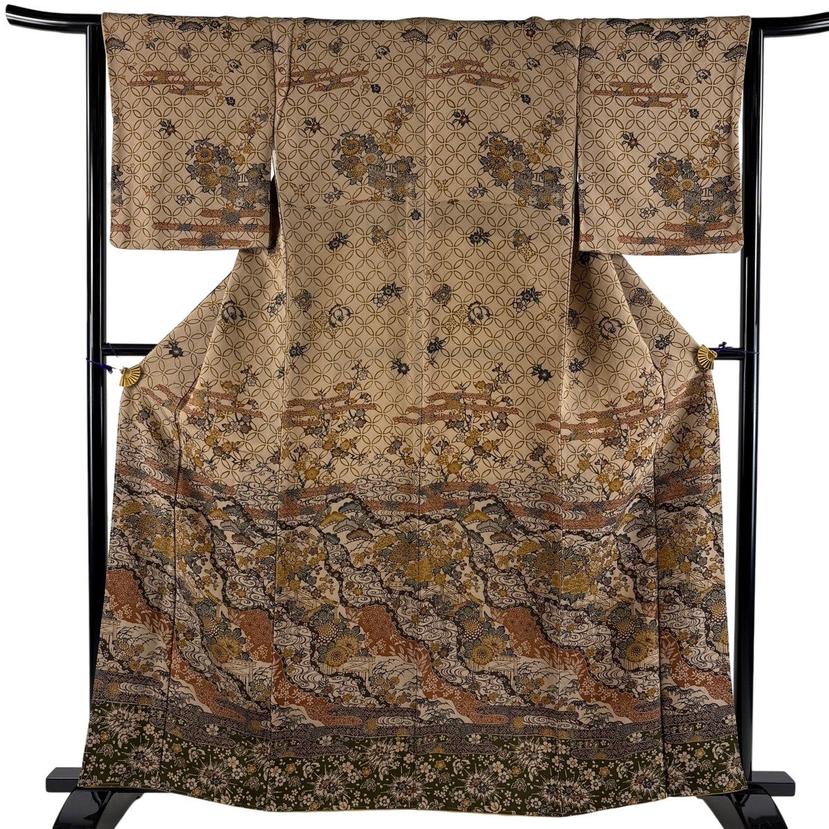 美品】 訪問着 身丈162cm 裄丈64cm M 袷 松竹梅 七宝 縮緬 薄茶色 正絹