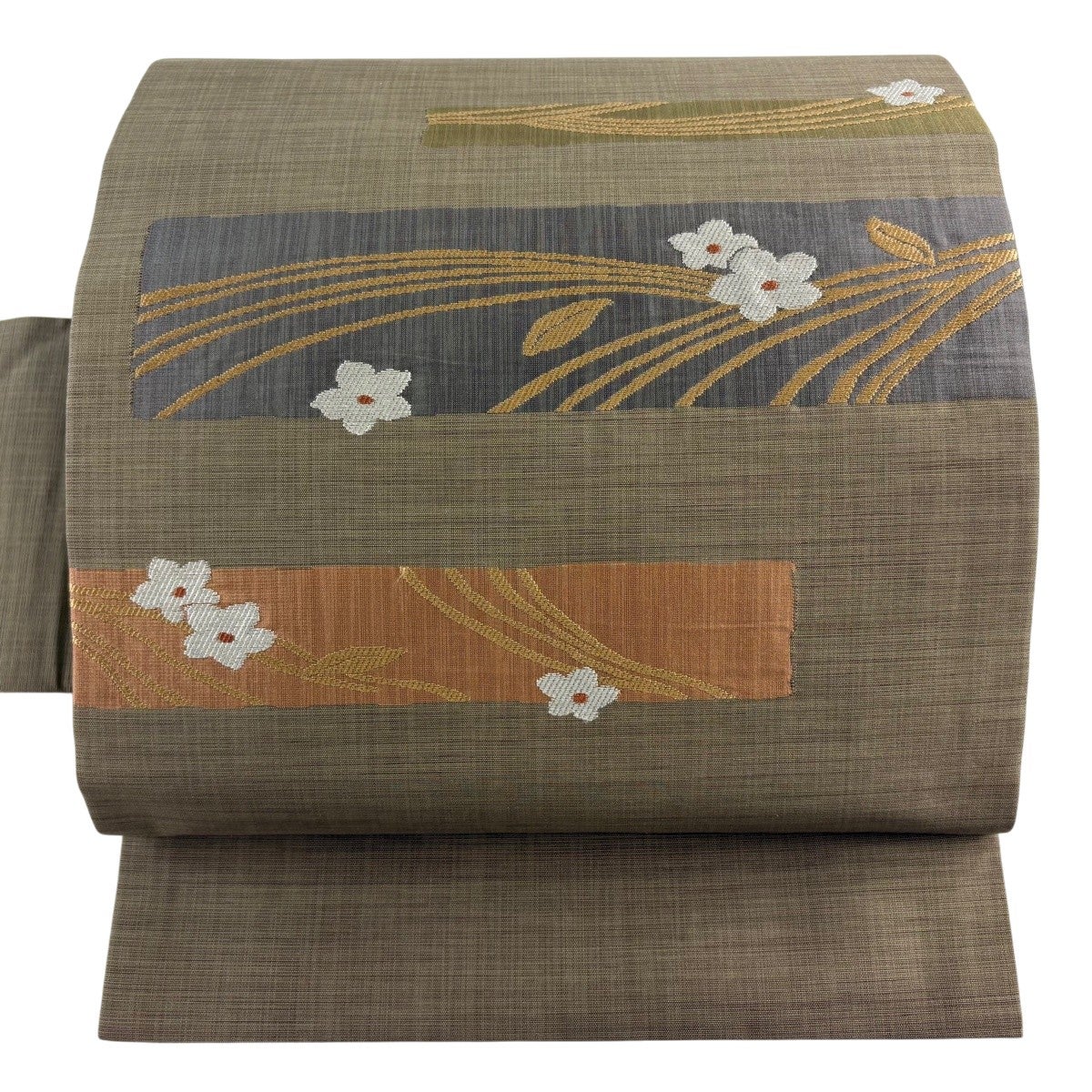 美品】 名古屋帯 秀品 ますいわ屋 花 幾何学 茶緑色 正絹｜中古・古着