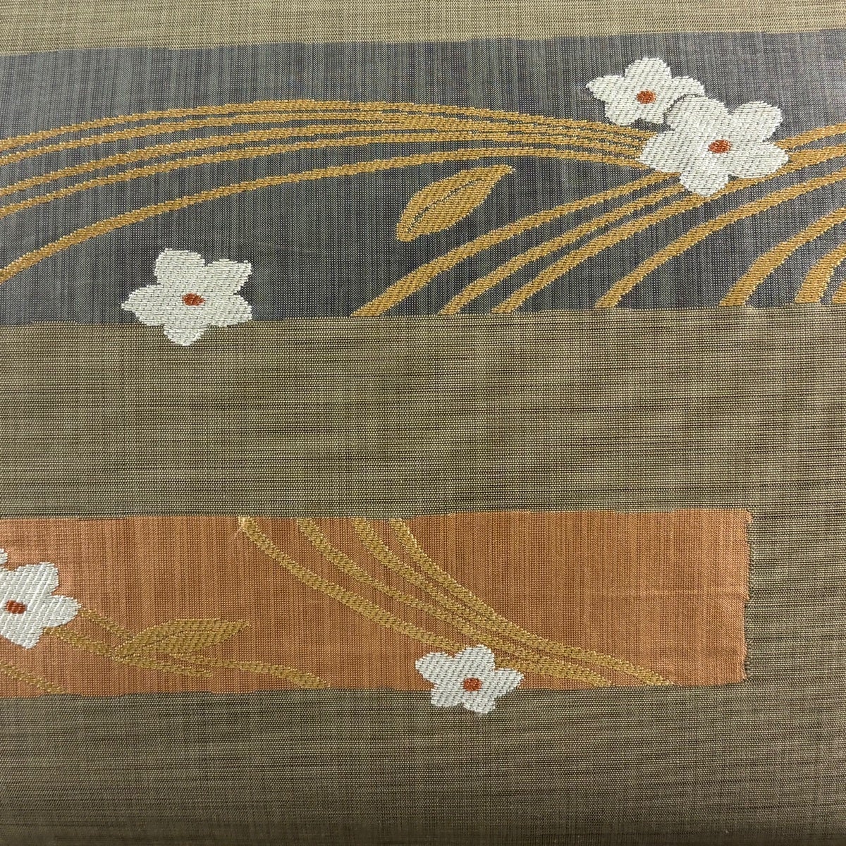 美品】 名古屋帯 秀品 ますいわ屋 花 幾何学 茶緑色 正絹｜中古・古着