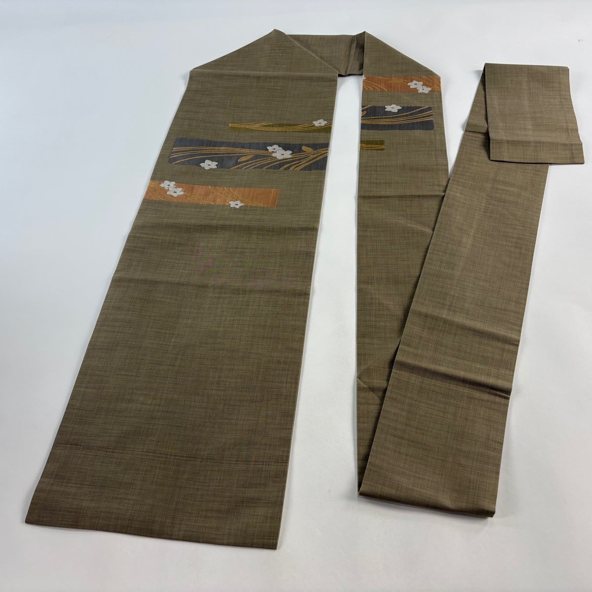 美品】 名古屋帯 秀品 ますいわ屋 花 幾何学 茶緑色 正絹｜中古・古着