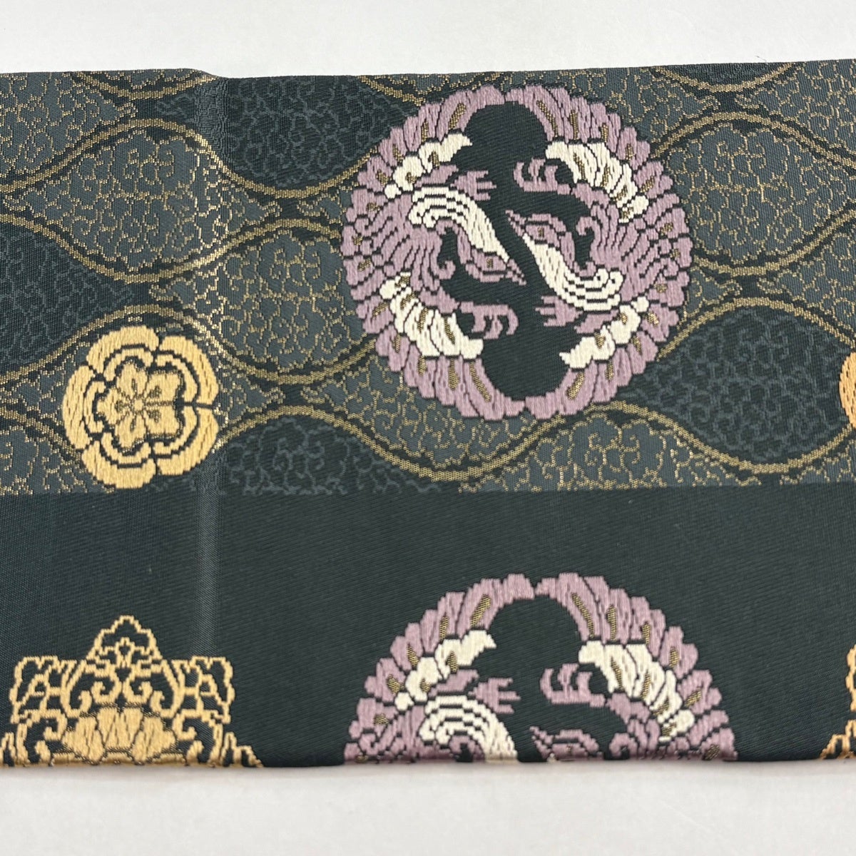 名古屋帯 秀品 向鳥 浮線綾文 箔 深緑 正絹｜中古・古着・リサイクル
