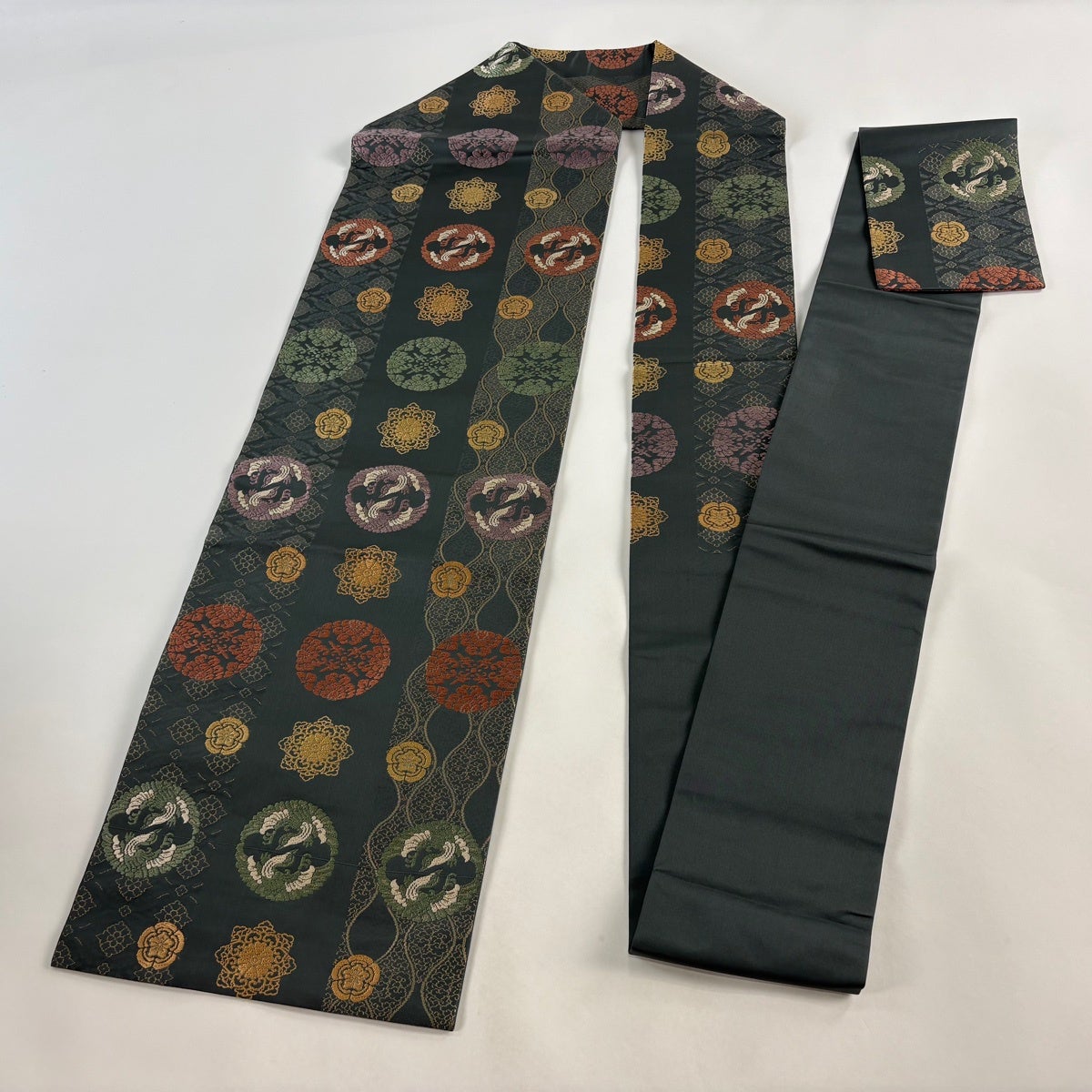 名古屋帯 秀品 向鳥 浮線綾文 箔 深緑 正絹｜中古・古着・リサイクル