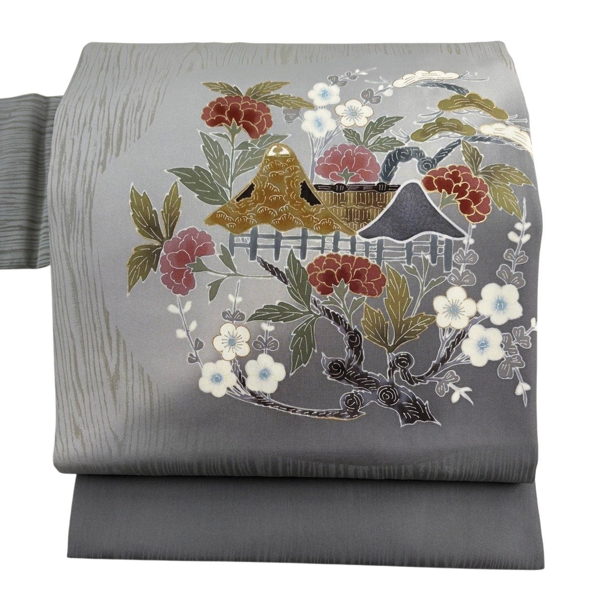 名古屋帯 名品 斉藤三才 落款あり 鳥 銀糸 金彩 灰色 正絹｜中古・古着
