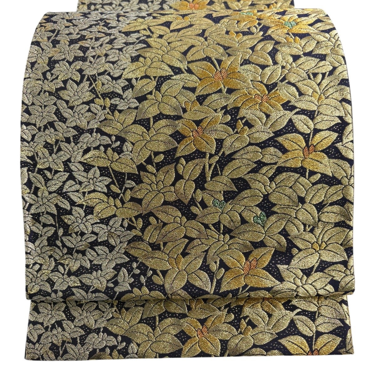 美品】 袋帯 秀品 菊 萩 金糸 箔 黒 六通 正絹｜中古・古着