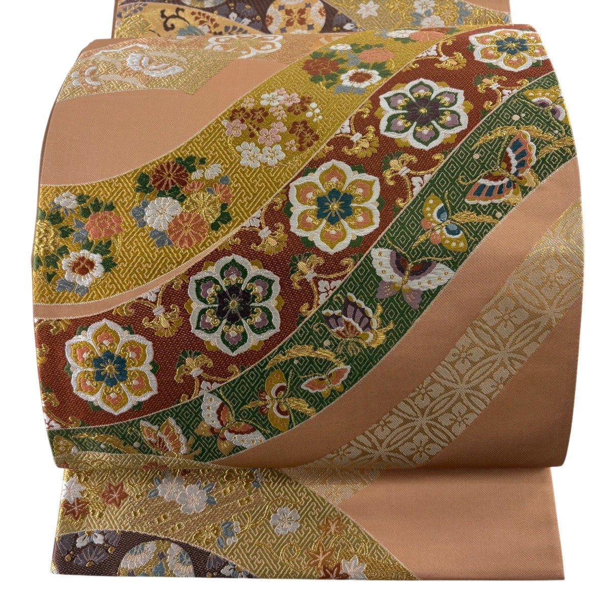 【超美品】袋帯　本金箔　鯉竜門登り　作家物　六通　超柔らかめ 美品】 袋帯 秀品 華祥波形文 華文 蝶 金糸 箔 薄オレンジ 六通 正絹
