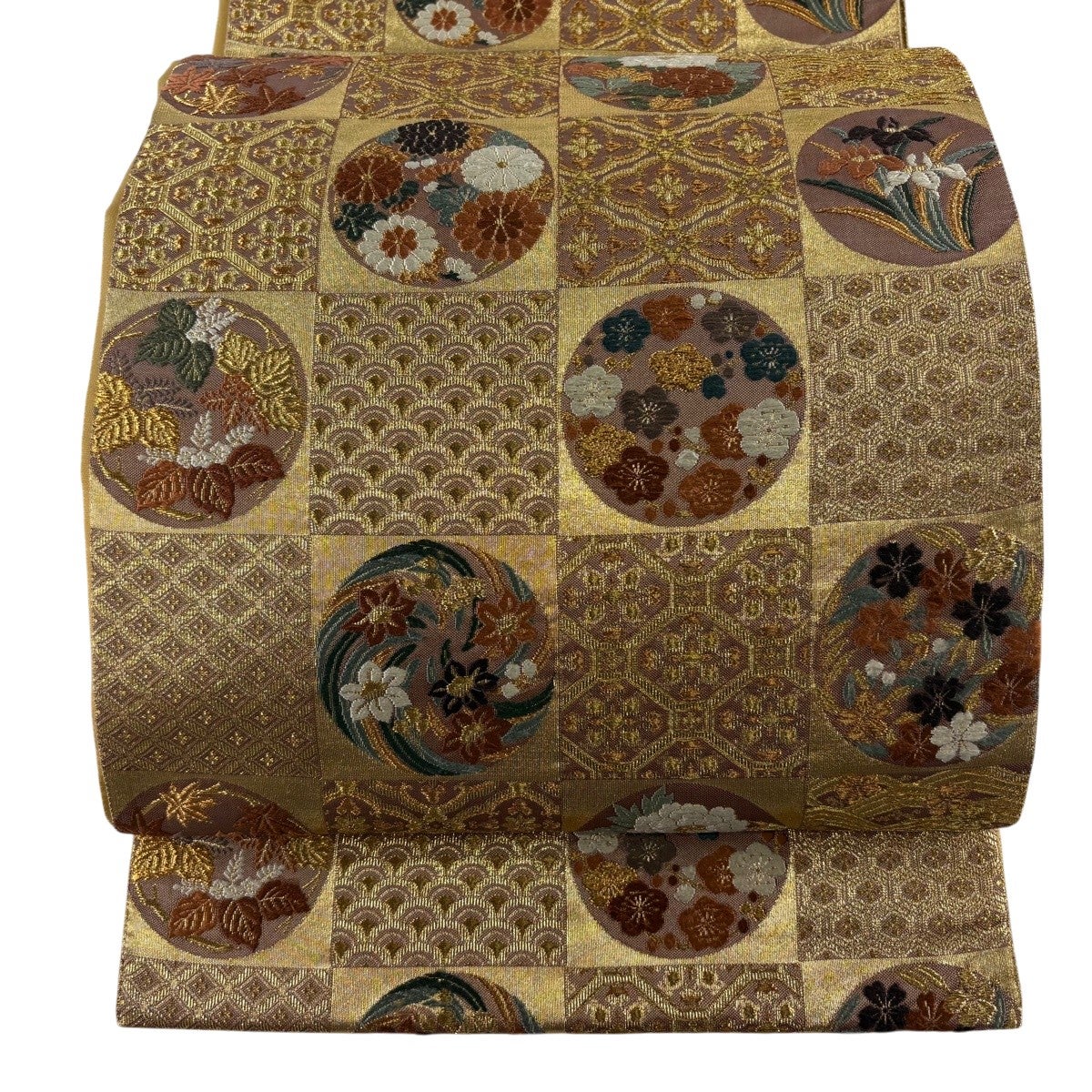 袋帯 秀品 花丸文 蜀江文 金糸 箔 金色 六通 正絹｜中古・古着