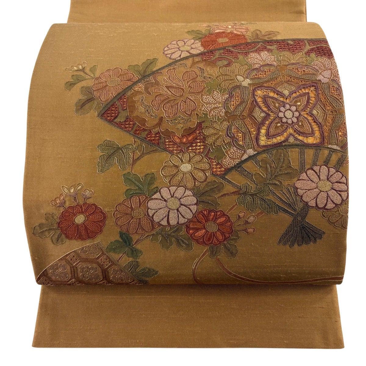 美品】 袋帯 秀品 菊 扇 刺繍 箔 山吹茶色 お太鼓柄 正絹｜中古・古着
