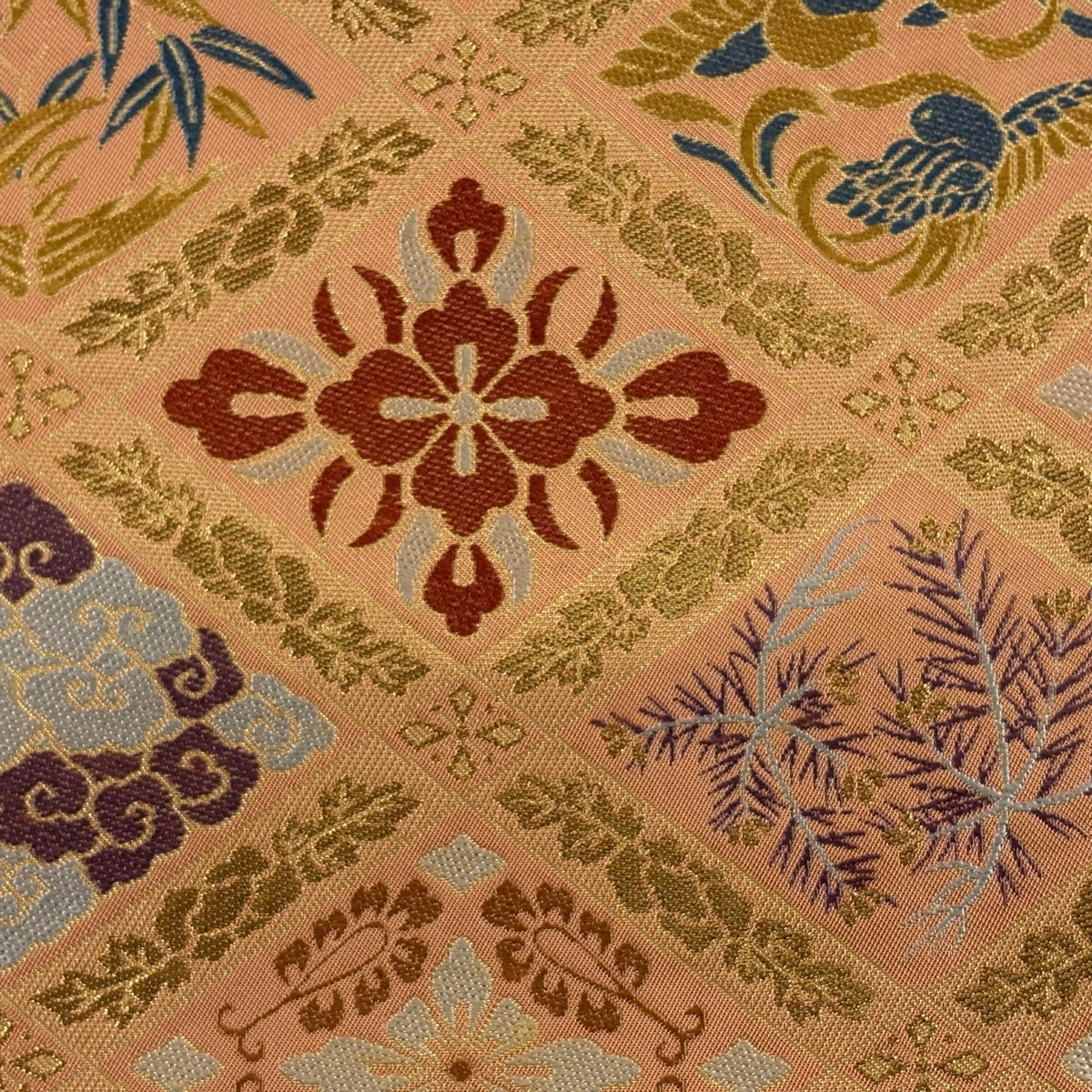 美品】 袋帯 秀品 川島織物 落款あり 花菱 向かい鳥 金糸 箔 オレンジ