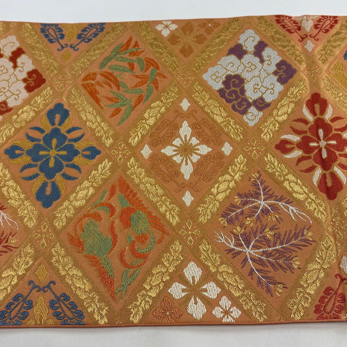美品】 袋帯 秀品 川島織物 落款あり 花菱 向かい鳥 金糸 箔 オレンジ