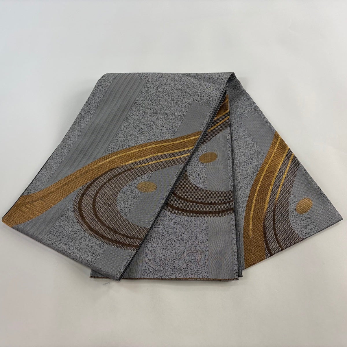 袋帯 秀品 幾何学模様 金糸 灰色 お太鼓柄 正絹｜中古・古着