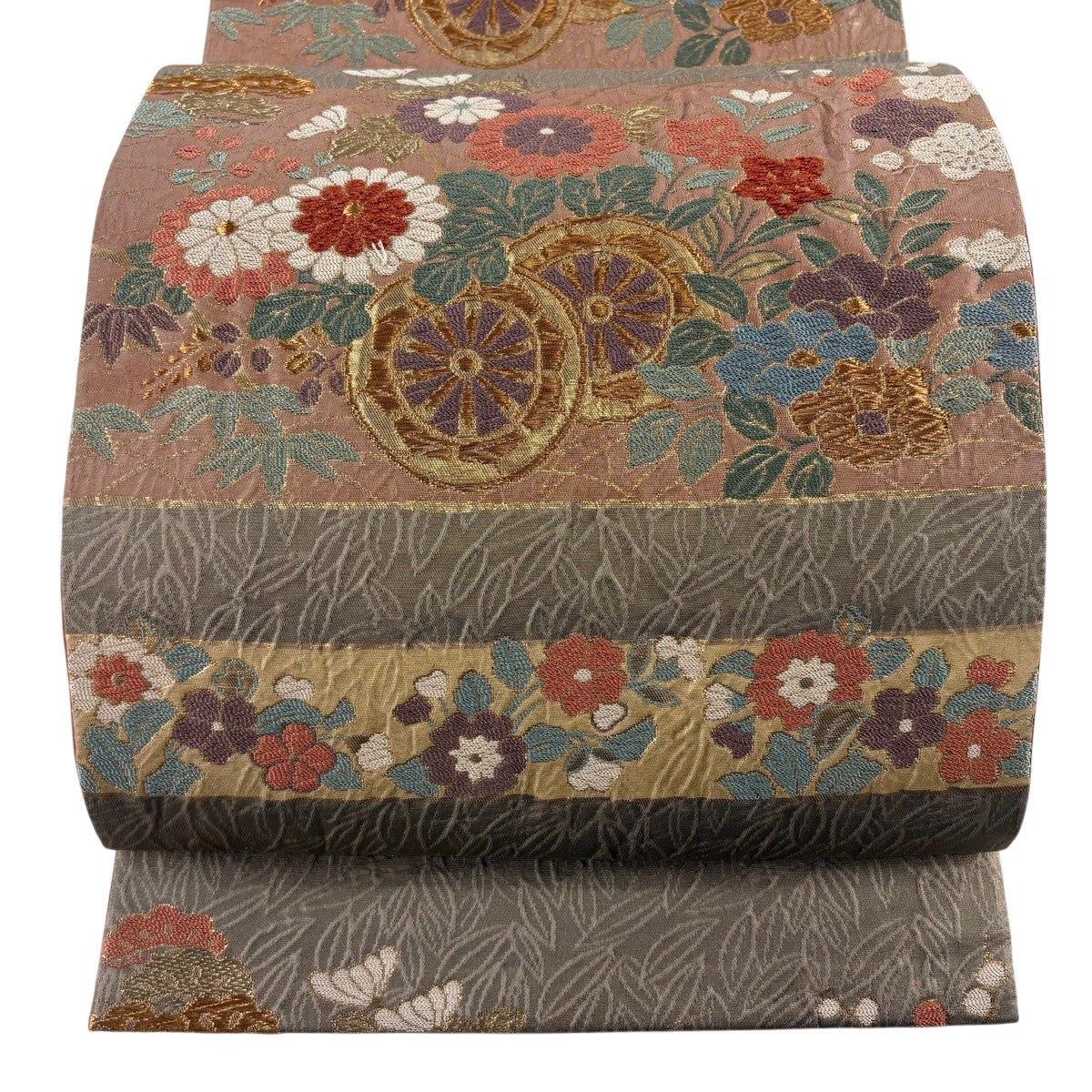 美品】 袋帯 秀品 花車 段縞 金糸 刺繍 薄茶色 六通 正絹｜中古・古着